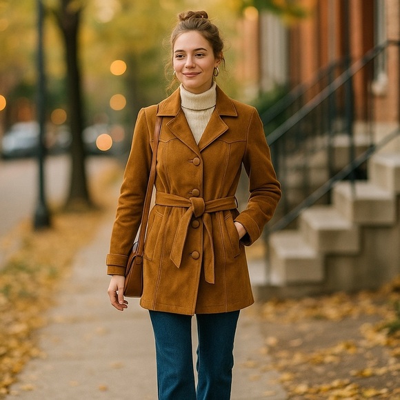 Petroff Jackets & Blazers - Vintage 70s BEEFALO by Petroff Suede Belted Jacket — Tobacco/Camel Brown,Western